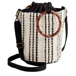 NWOT World Market Black And Tan Stripe Bucket Bag with Wooden Ring Handles
